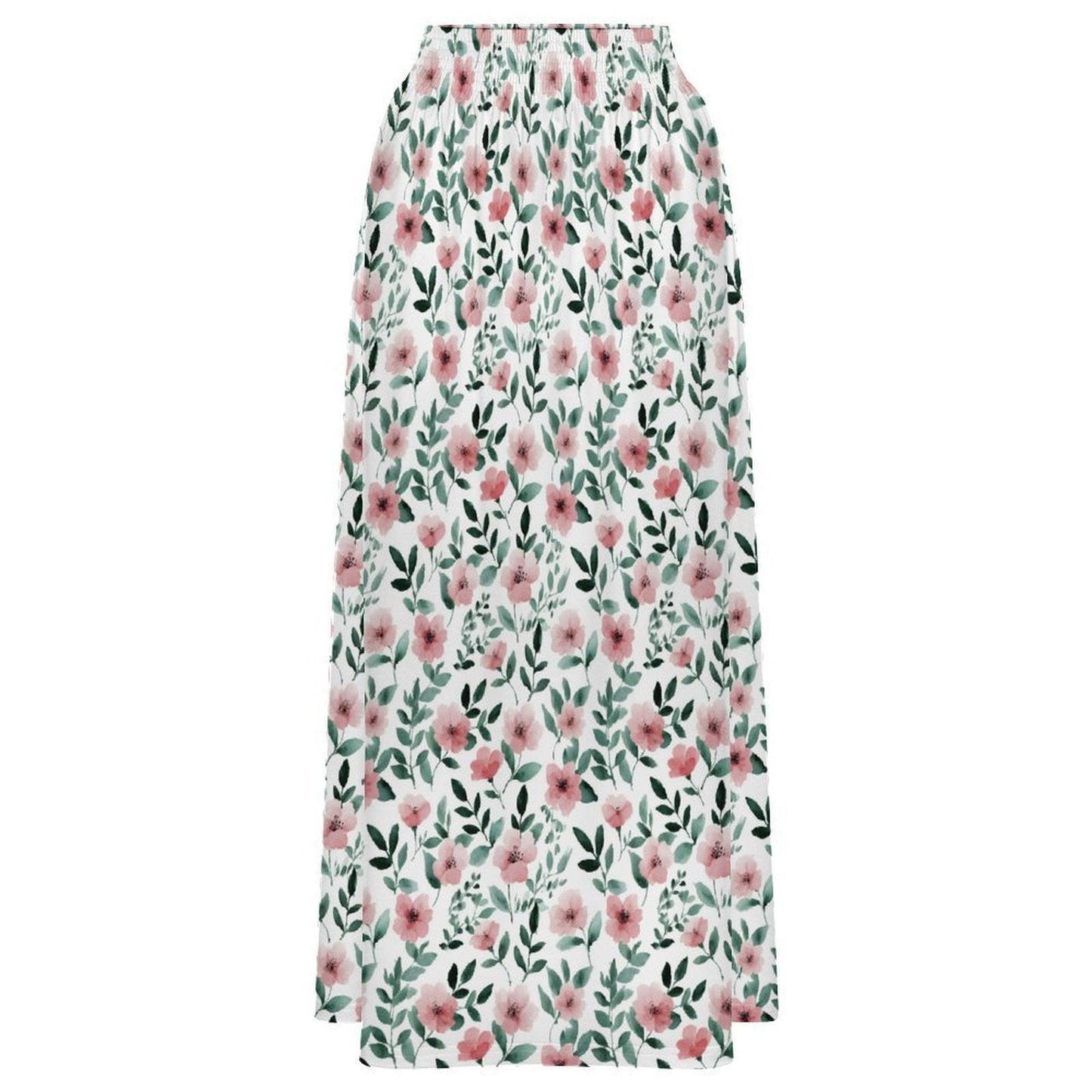 Pink Wildflower Maxi Skirt, White Floral Summer Garden Party Cottagecore Style