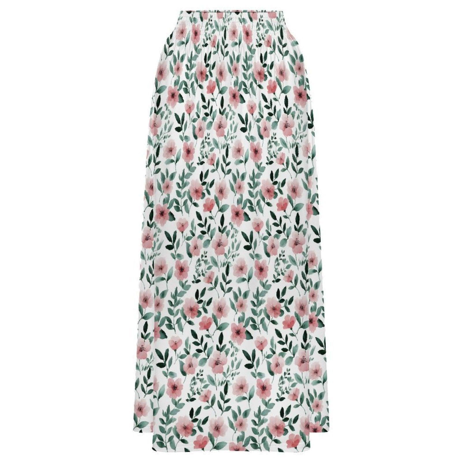 Pink Wildflower Maxi Skirt, White Floral Summer Garden Party Cottagecore Style