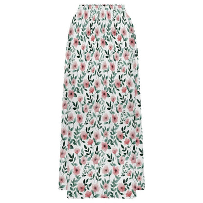 Pink Wildflower Maxi Skirt, White Floral Summer Garden Party Cottagecore Style