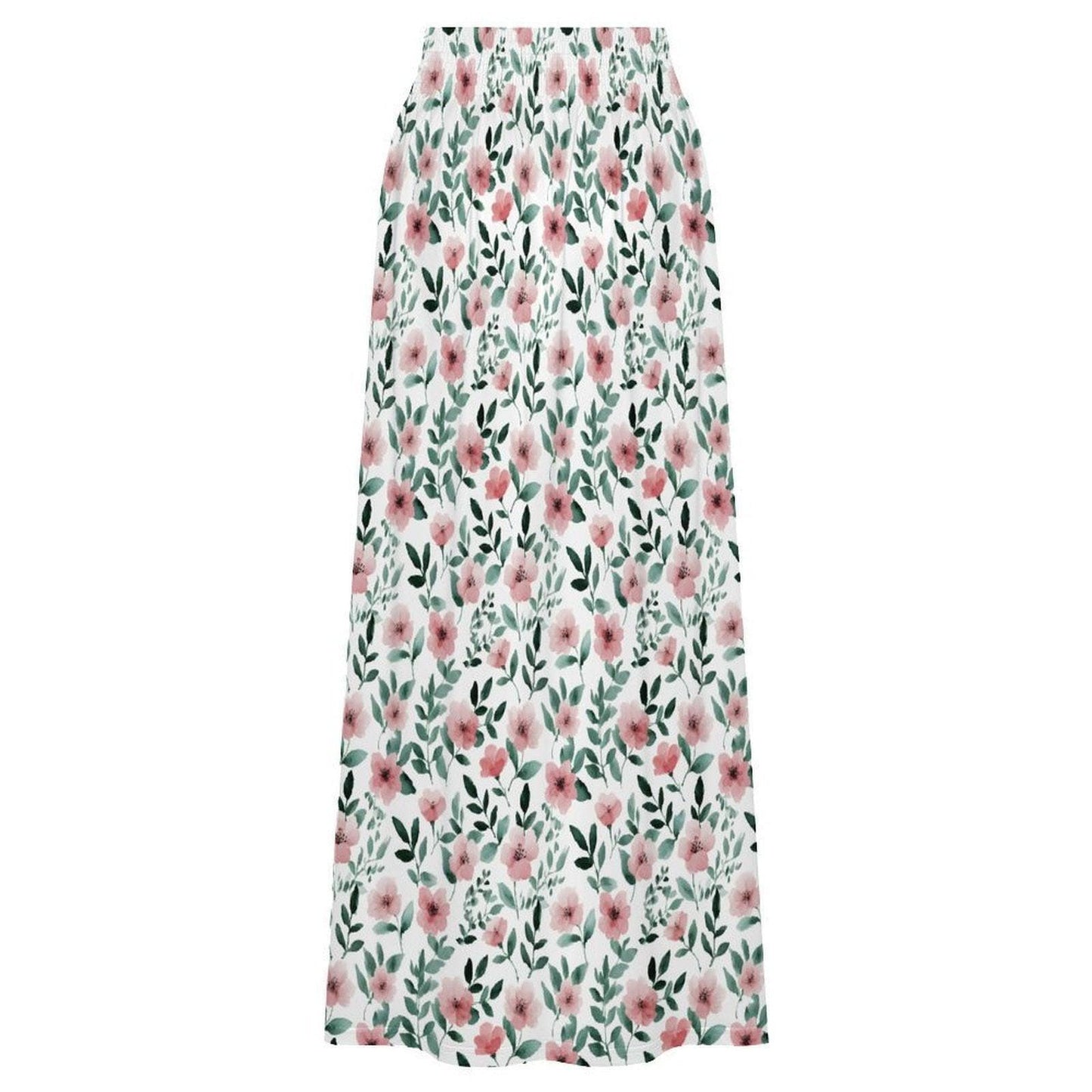 Pink Wildflower Maxi Skirt, White Floral Summer Garden Party Cottagecore Style