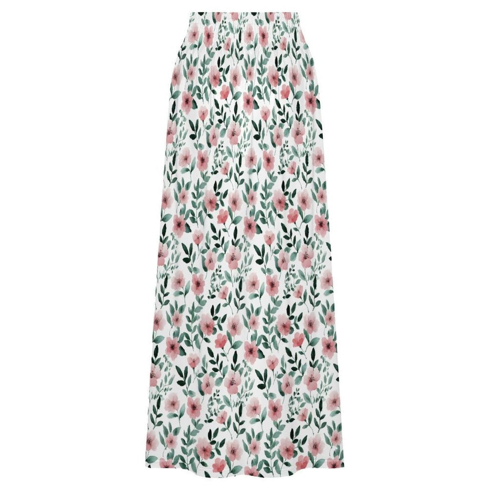 Pink Wildflower Maxi Skirt, White Floral Summer Garden Party Cottagecore Style