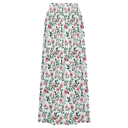 Pink Wildflower Maxi Skirt, White Floral Summer Garden Party Cottagecore Style