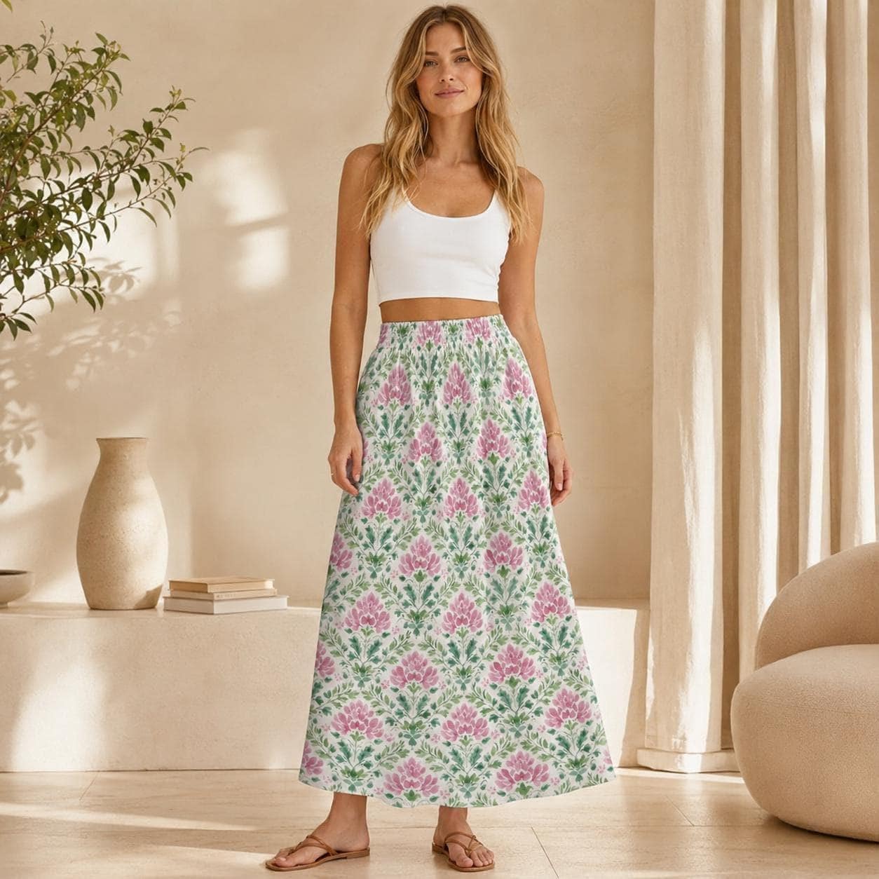 Pink Block Print Maxi Skirt, Mughal Floral Boho Garden Wedding Guest Style