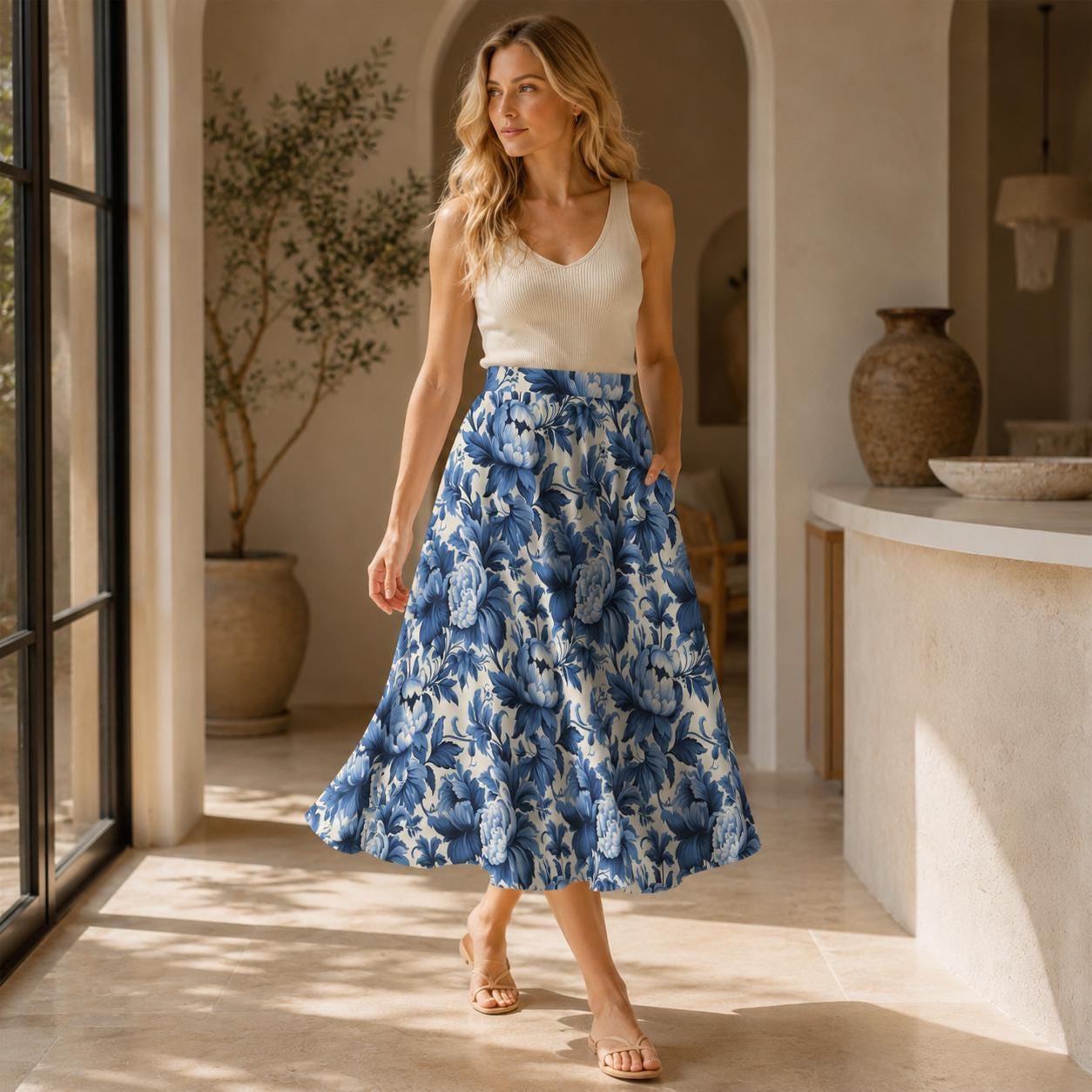 Blue Floral Midi Skirt, Porcelain Flower Print, High Waist, Pockets, A-Line Style