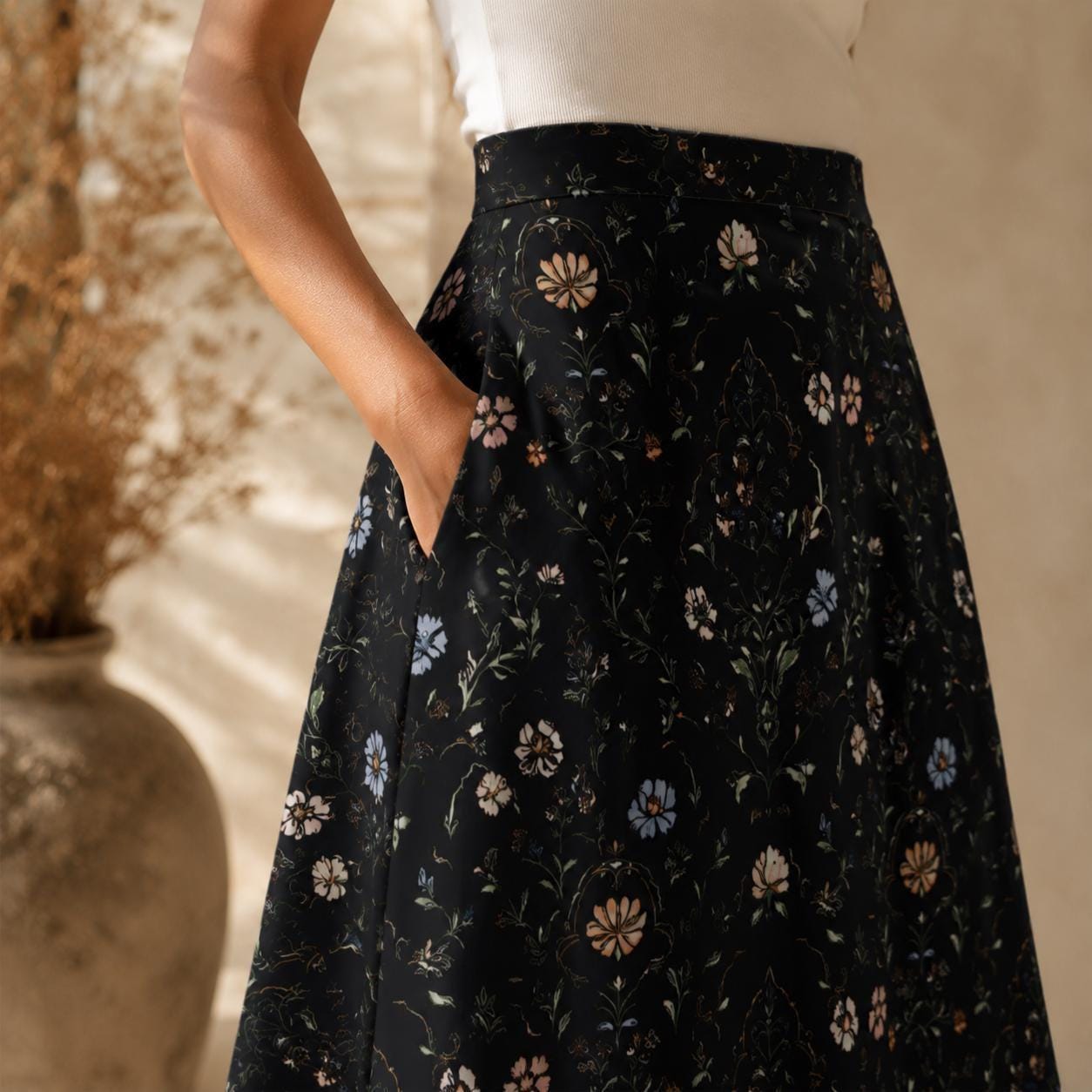 Dark Folk Floral Midi Skirt, Black A-Line with Pockets, Cottagecore Fall Style