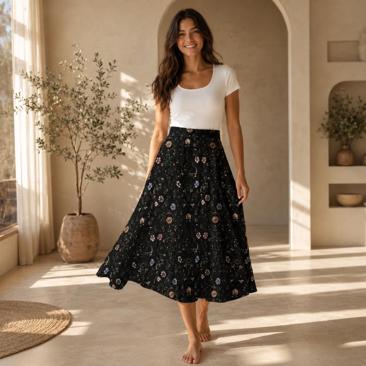 Dark Folk Floral Midi Skirt, Black A-Line with Pockets, Cottagecore Fall Style