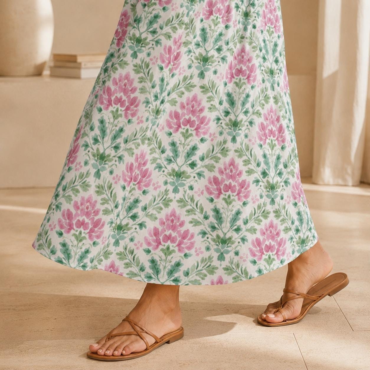 Pink Block Print Maxi Skirt, Mughal Floral Boho Garden Wedding Guest Style