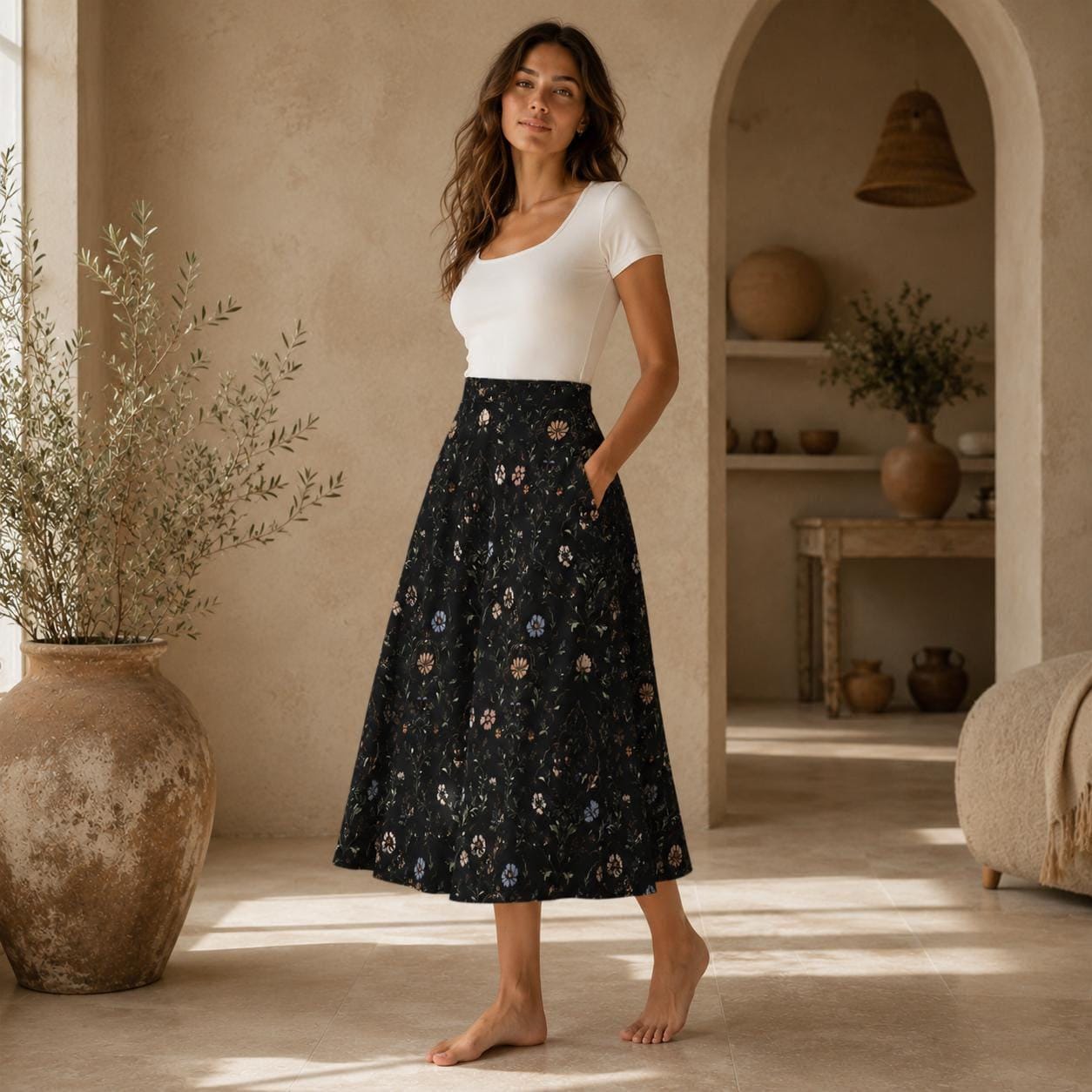 Dark Folk Floral Midi Skirt, Black A-Line with Pockets, Cottagecore Fall Style