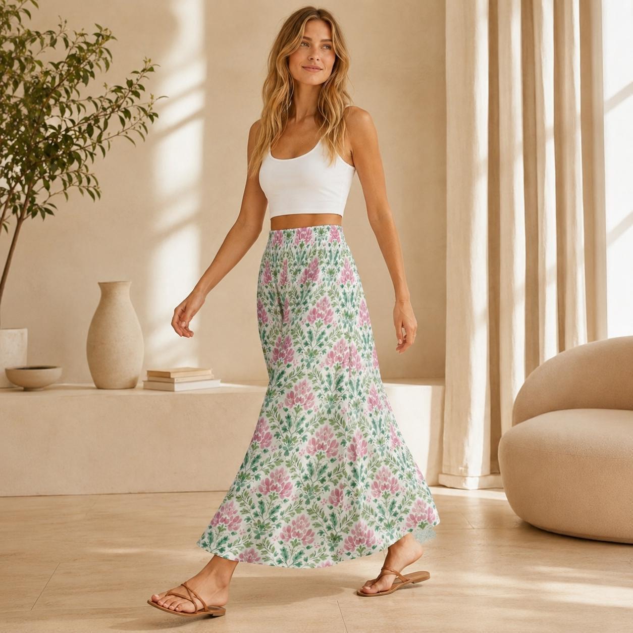 Pink Block Print Maxi Skirt, Mughal Floral Boho Garden Wedding Guest Style