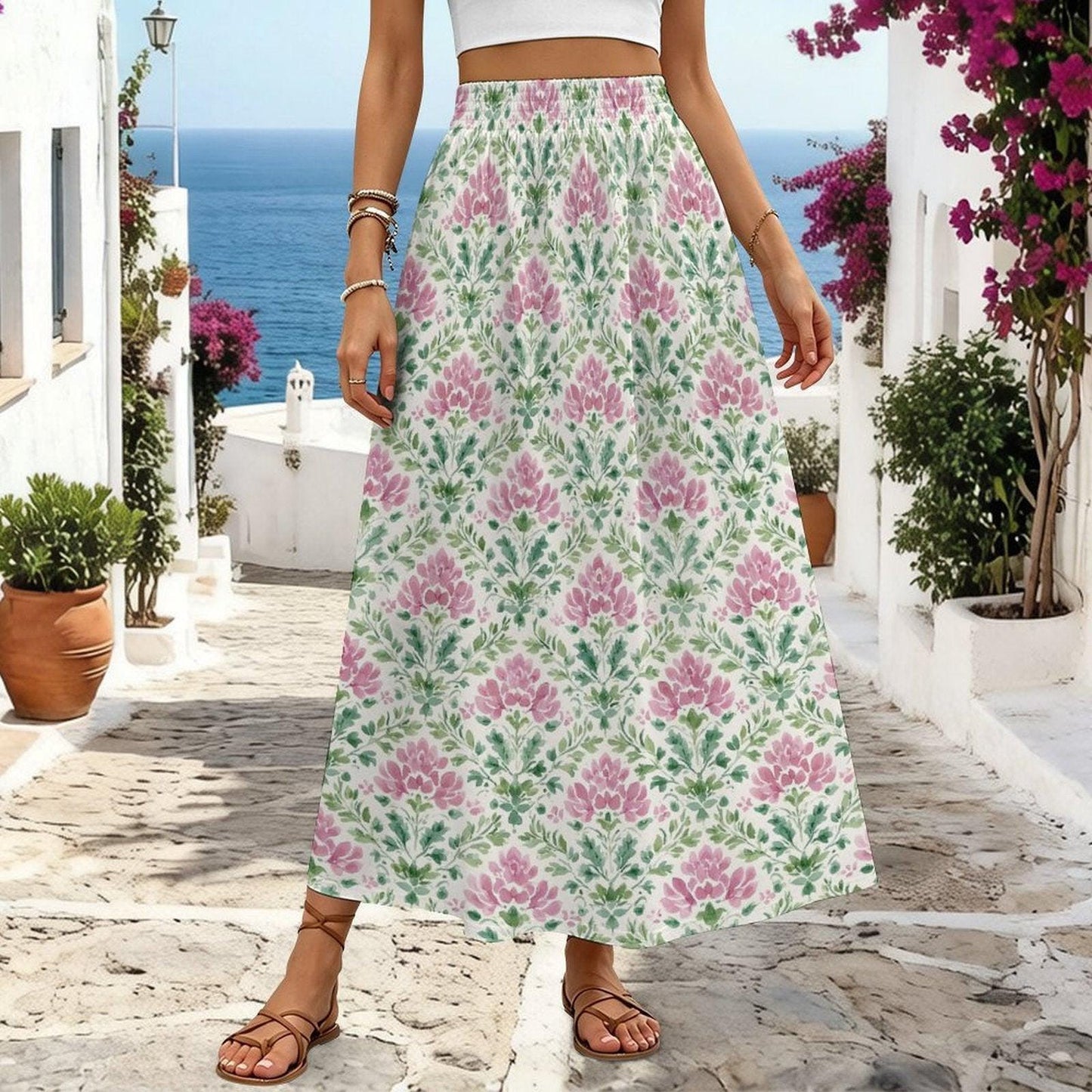 Pink Block Print Maxi Skirt, Mughal Floral Boho Garden Wedding Guest Style