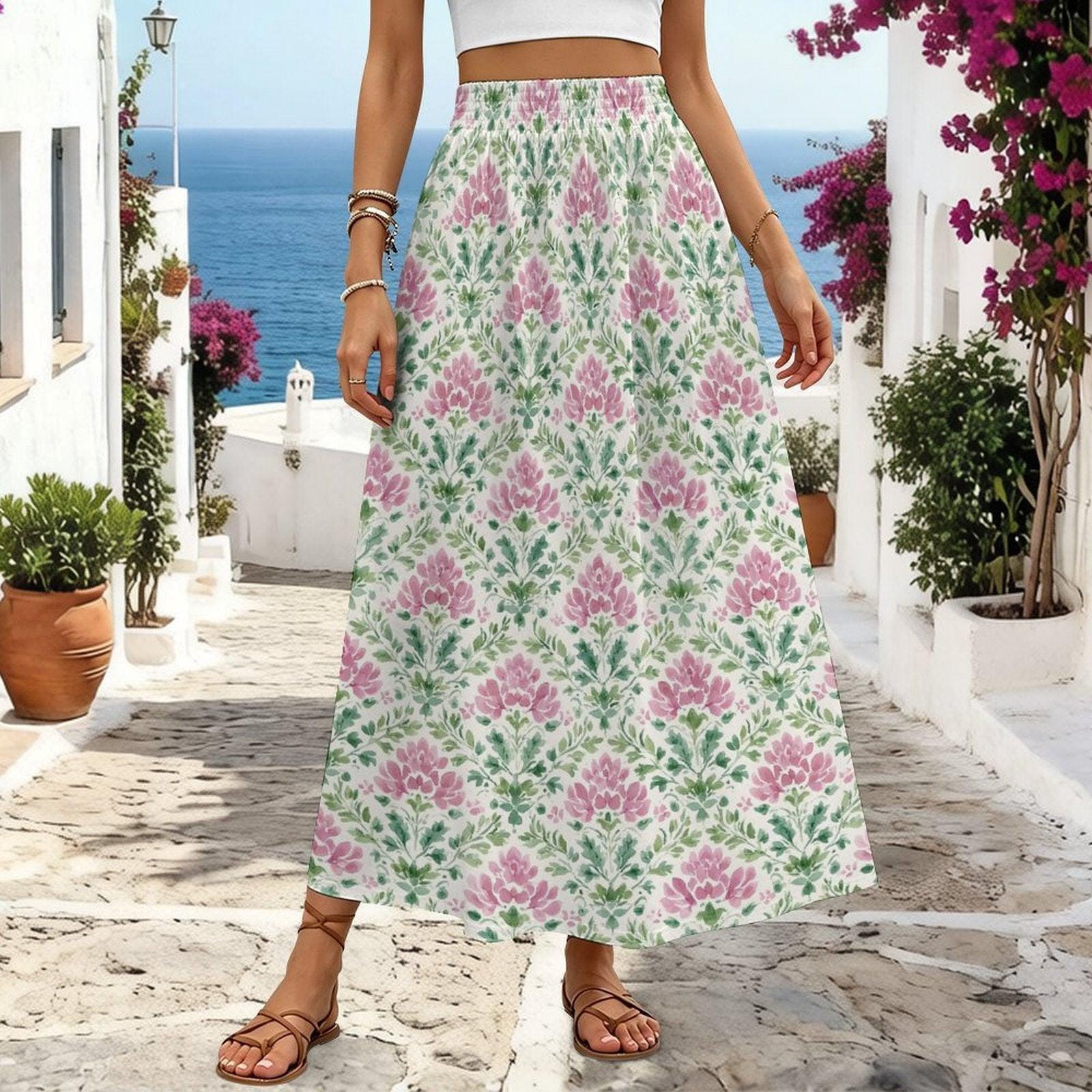 Pink Block Print Maxi Skirt, Mughal Floral Boho Garden Wedding Guest Style