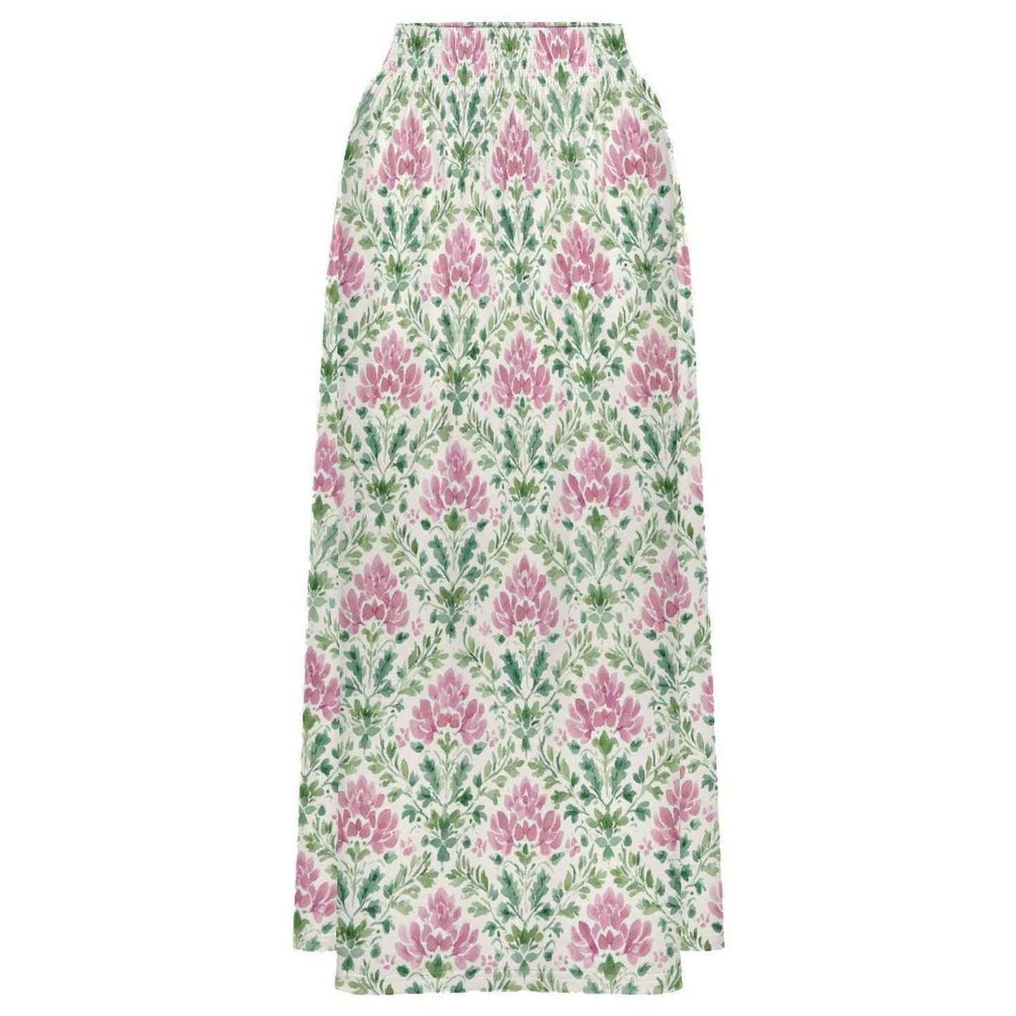 Pink Block Print Maxi Skirt, Mughal Floral Boho Garden Wedding Guest Style