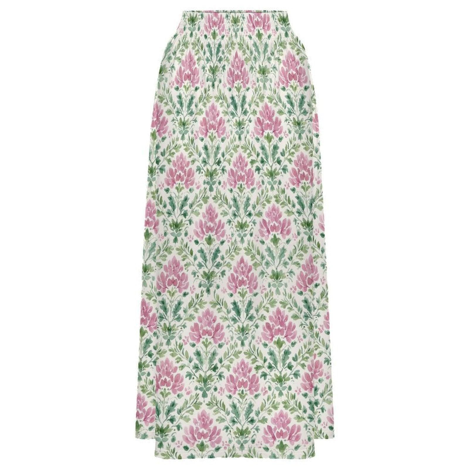 Pink Block Print Maxi Skirt, Mughal Floral Boho Garden Wedding Guest Style