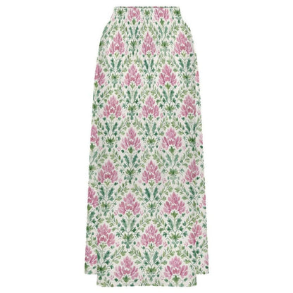 Pink Block Print Maxi Skirt, Mughal Floral Boho Garden Wedding Guest Style