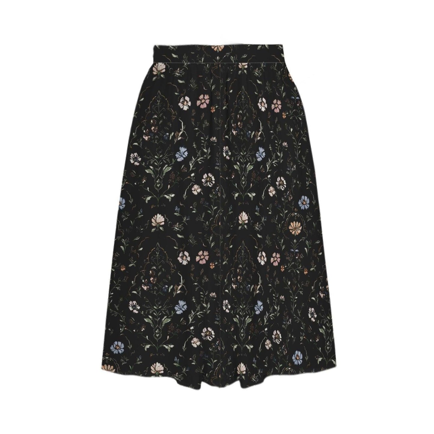 Dark Folk Floral Midi Skirt, Black A-Line with Pockets, Cottagecore Fall Style