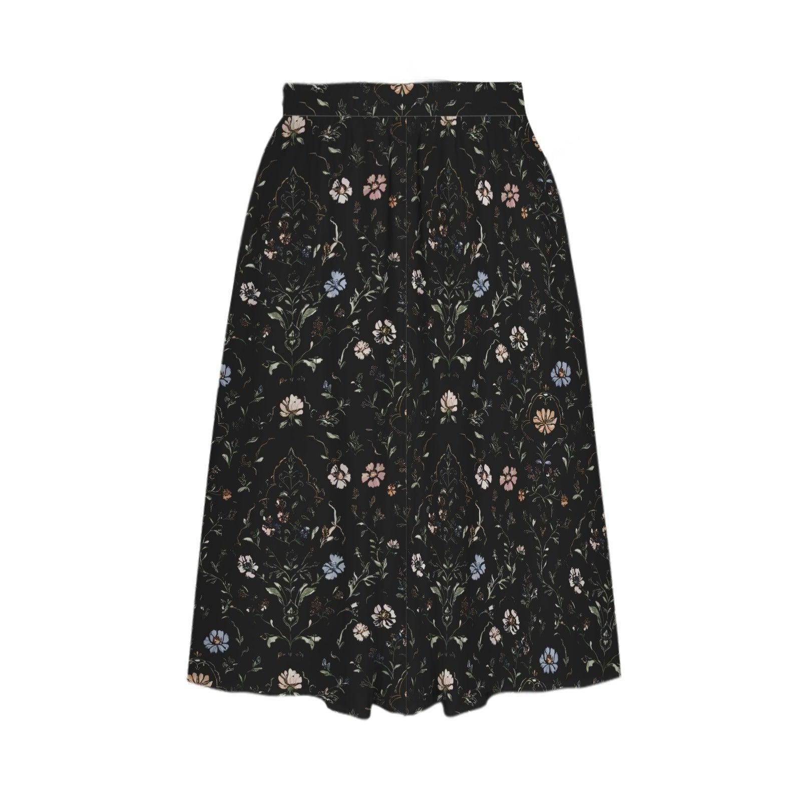 Dark Folk Floral Midi Skirt, Black A-Line with Pockets, Cottagecore Fall Style
