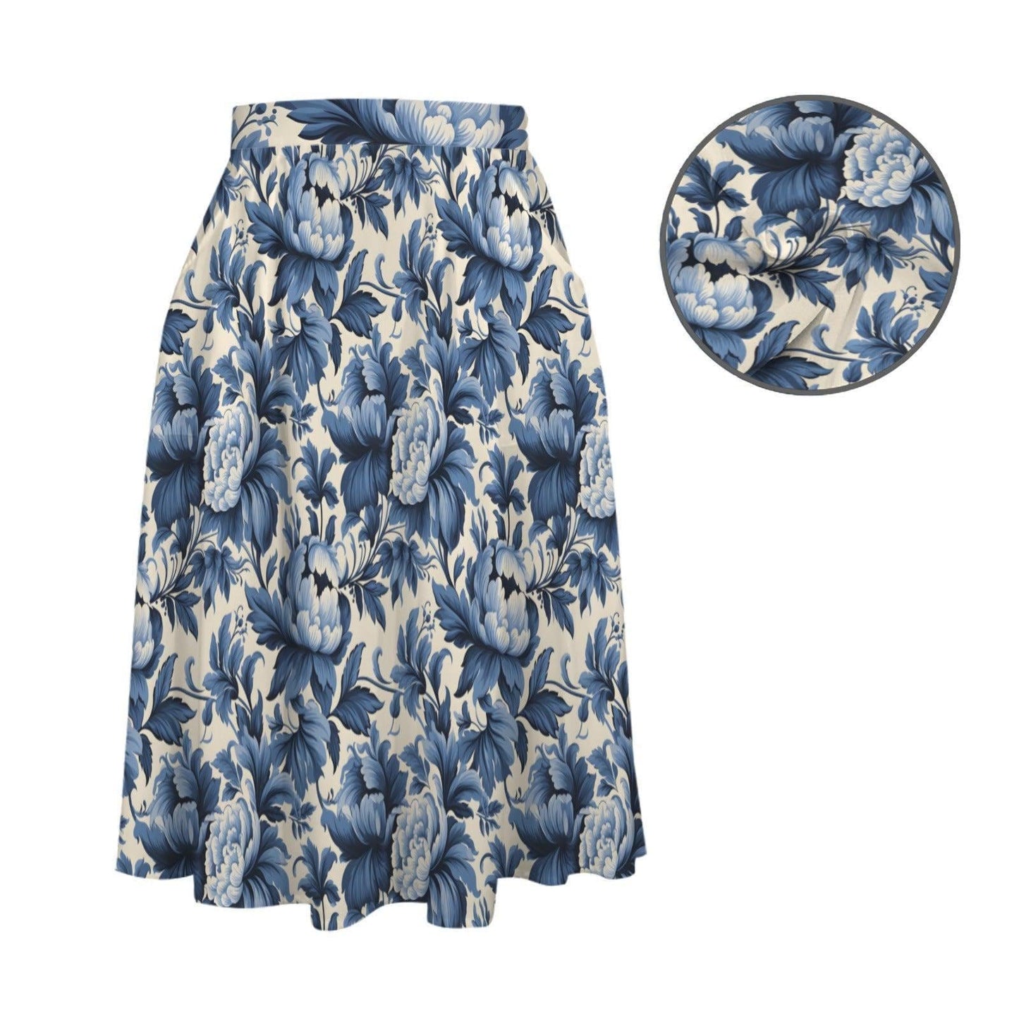 Blue Floral Midi Skirt, Porcelain Flower Print, High Waist, Pockets, A-Line Style