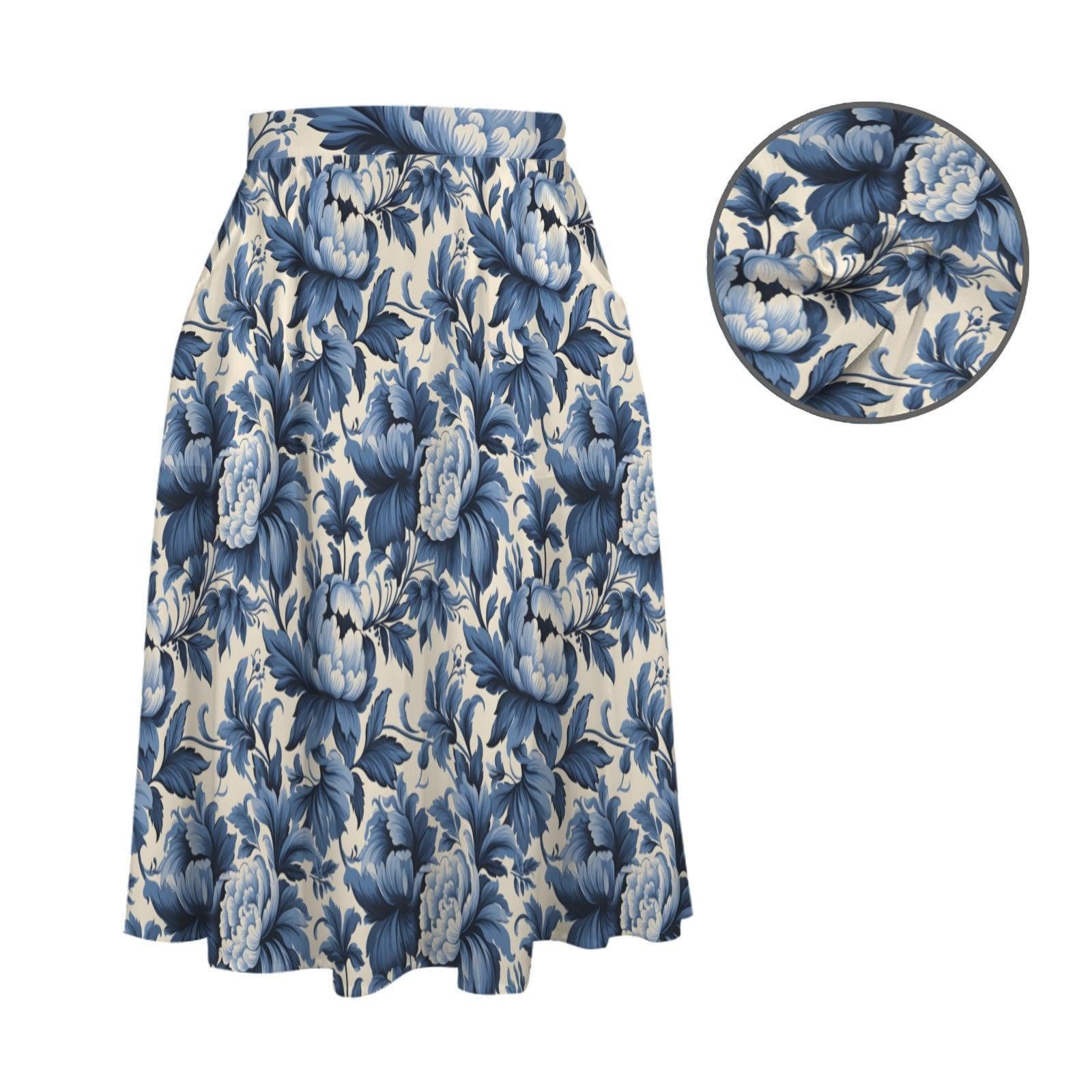 Blue Floral Midi Skirt, Porcelain Flower Print, High Waist, Pockets, A-Line Style