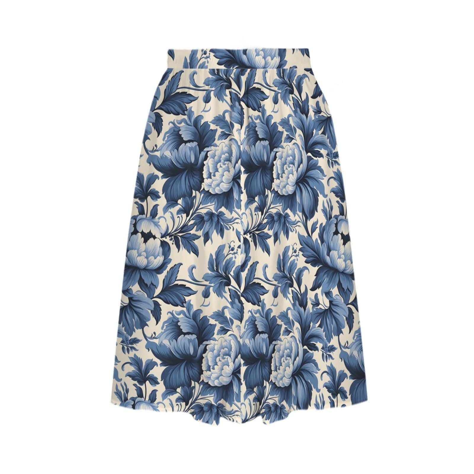 Blue Floral Midi Skirt, Porcelain Flower Print, High Waist, Pockets, A-Line Style