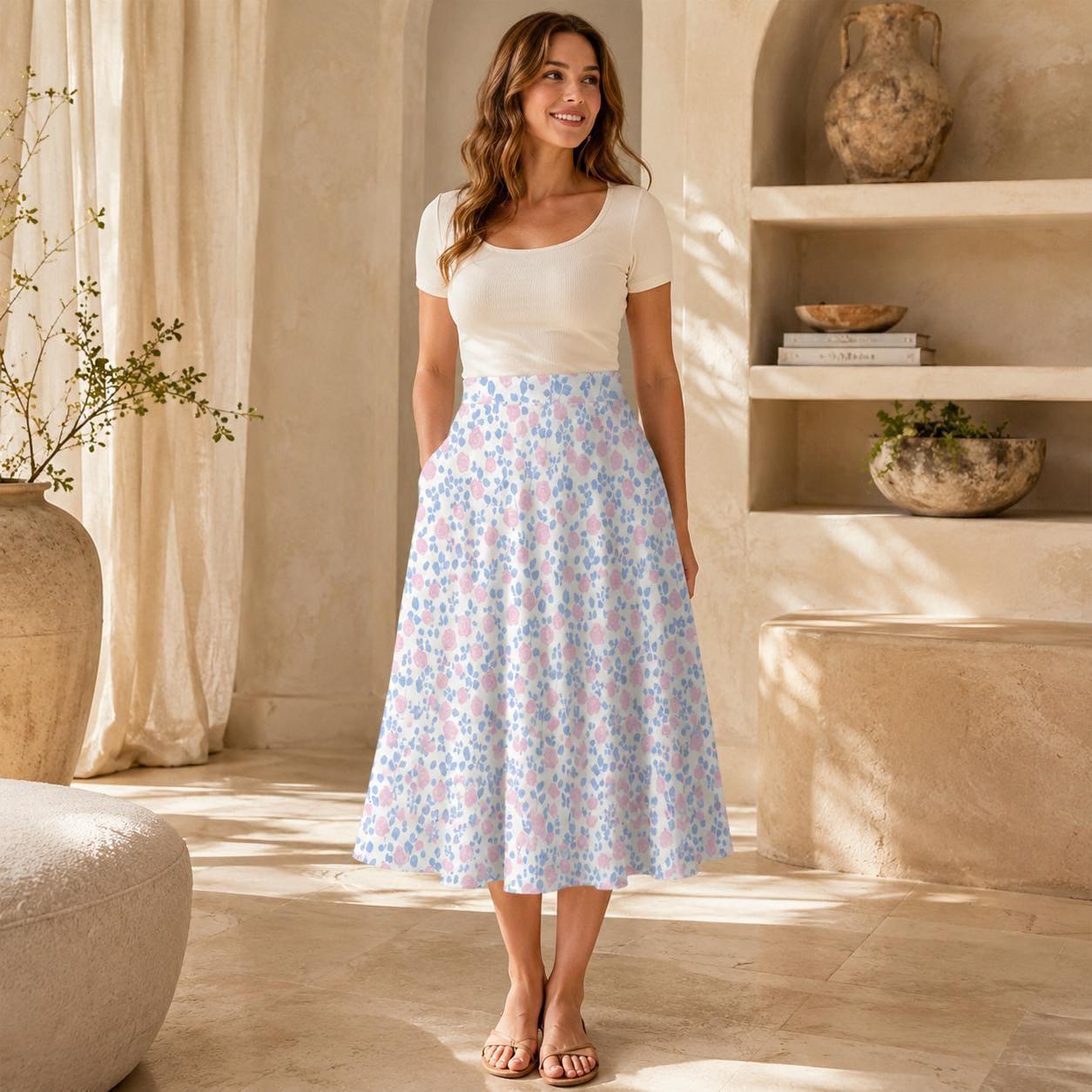 Pastel Floral Midi Skirt, High Waist A-Line, Pockets, Cottagecore Summer Brunch