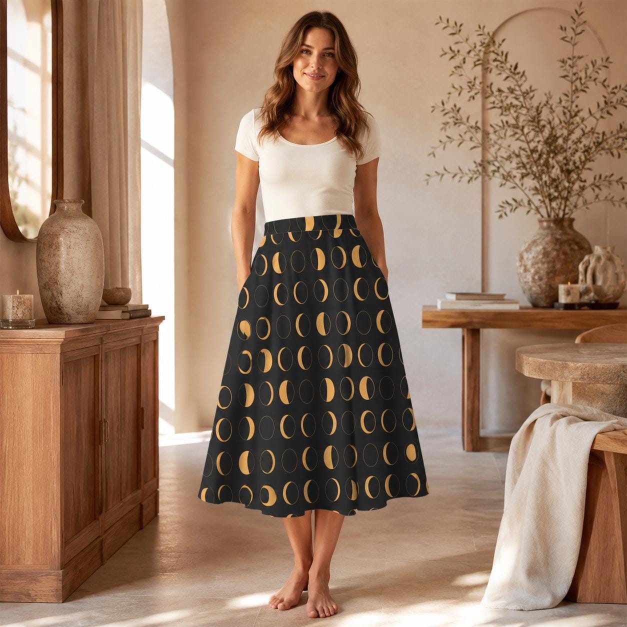 Witchy Midi Skirt, Mustard Moon Phase Print, High Waist, Pockets, Whimsigoth Fall Outfit