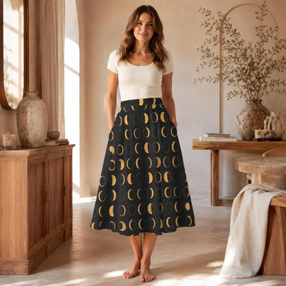 Witchy Midi Skirt, Mustard Moon Phase Print, High Waist, Pockets, Whimsigoth Fall Outfit