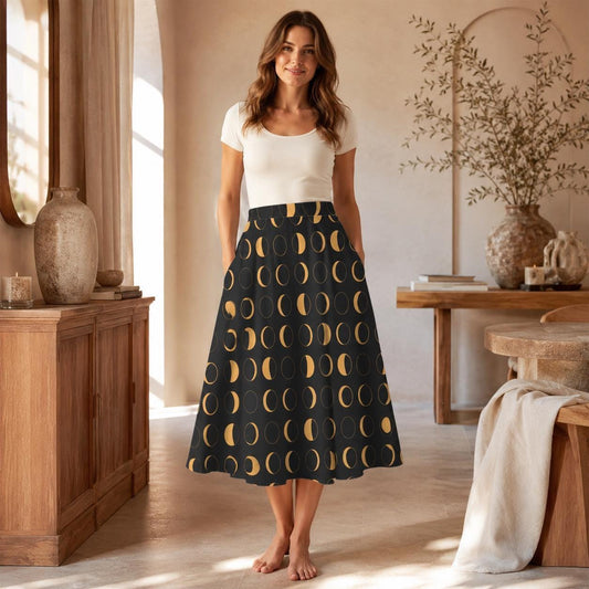 Witchy Midi Skirt, Mustard Moon Phase Print, High Waist, Pockets, Whimsigoth Fall Outfit