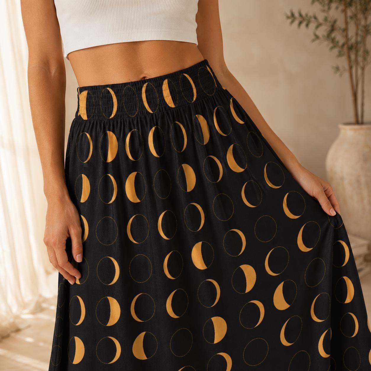 Celestial Moon Maxi Skirt, Black Gold Lunar Phase, Astrology Witchy High Waist Printed Skirt