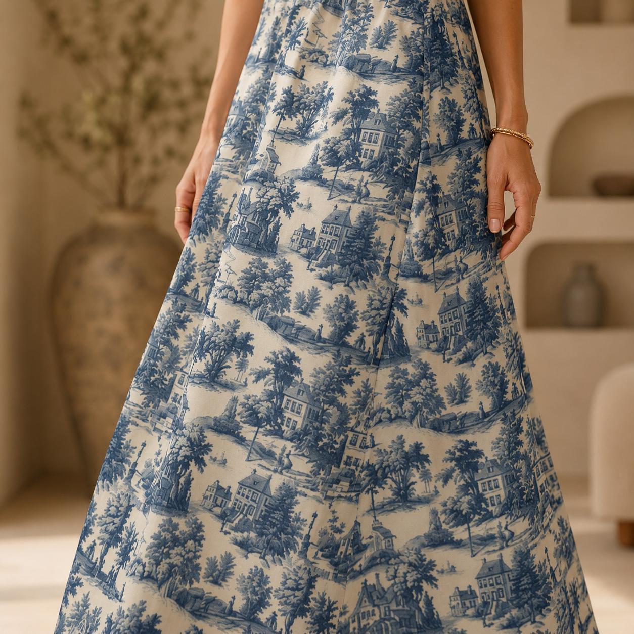 Blue Toile Maxi Skirt, French Country Scenic Print, Vintage Cottagecore High Waist Summer Styling