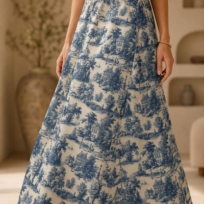 Blue Toile Maxi Skirt, French Country Scenic Print, Vintage Cottagecore High Waist Summer Styling