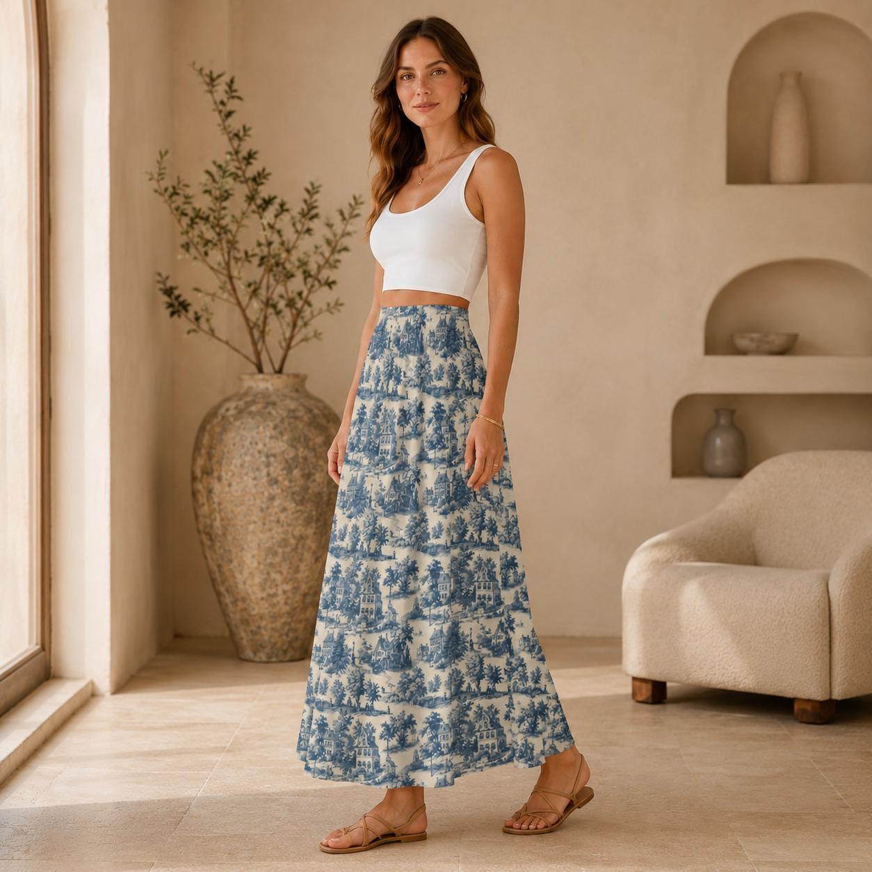 Blue Toile Maxi Skirt, French Country Scenic Print, Vintage Cottagecore High Waist Summer Styling