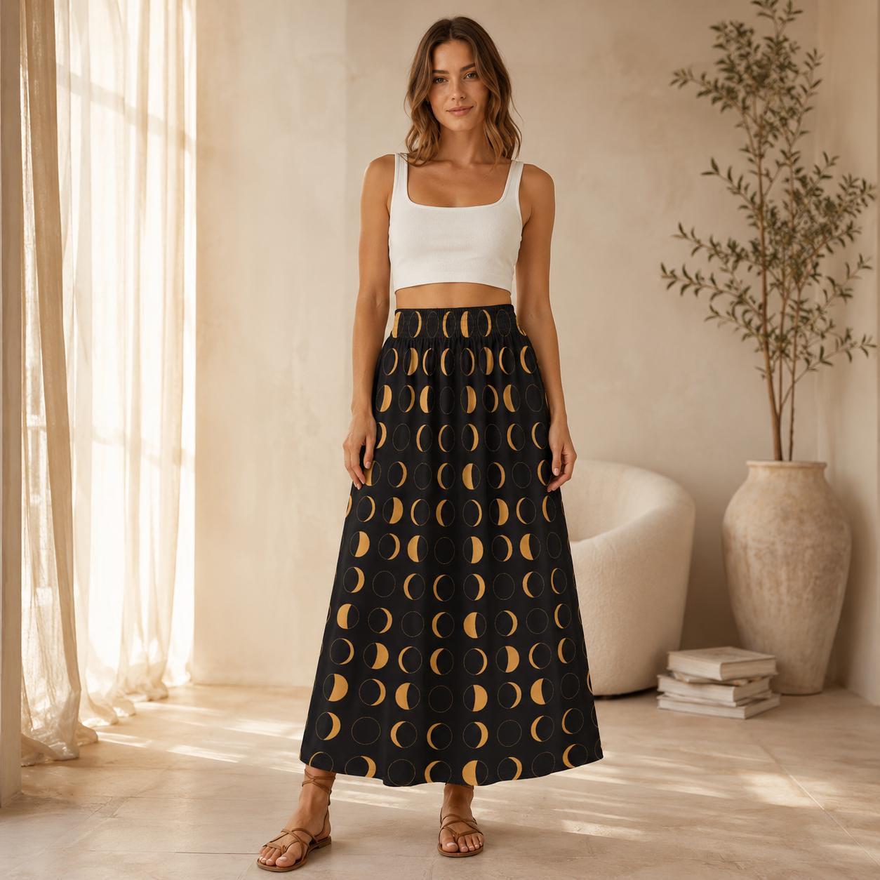 Celestial Moon Maxi Skirt, Black Gold Lunar Phase, Astrology Witchy High Waist Printed Skirt