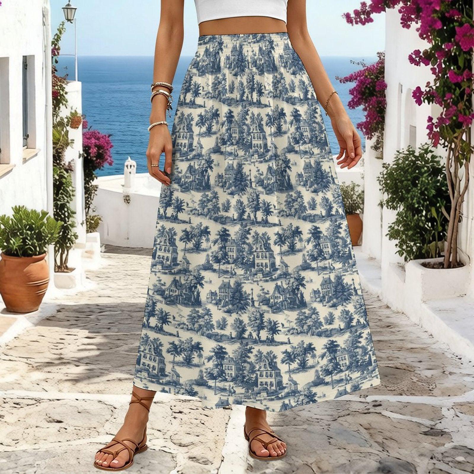Blue Toile Maxi Skirt, French Country Scenic Print, Vintage Cottagecore High Waist Summer Styling