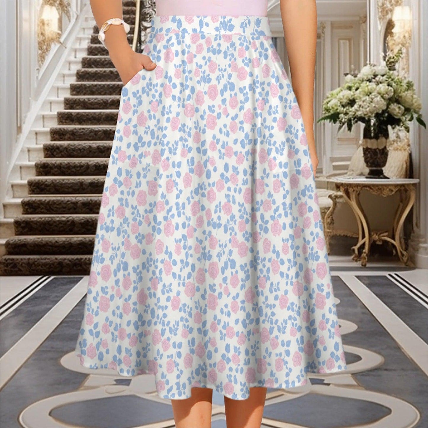 Pastel Floral Midi Skirt, High Waist A-Line, Pockets, Cottagecore Summer Brunch