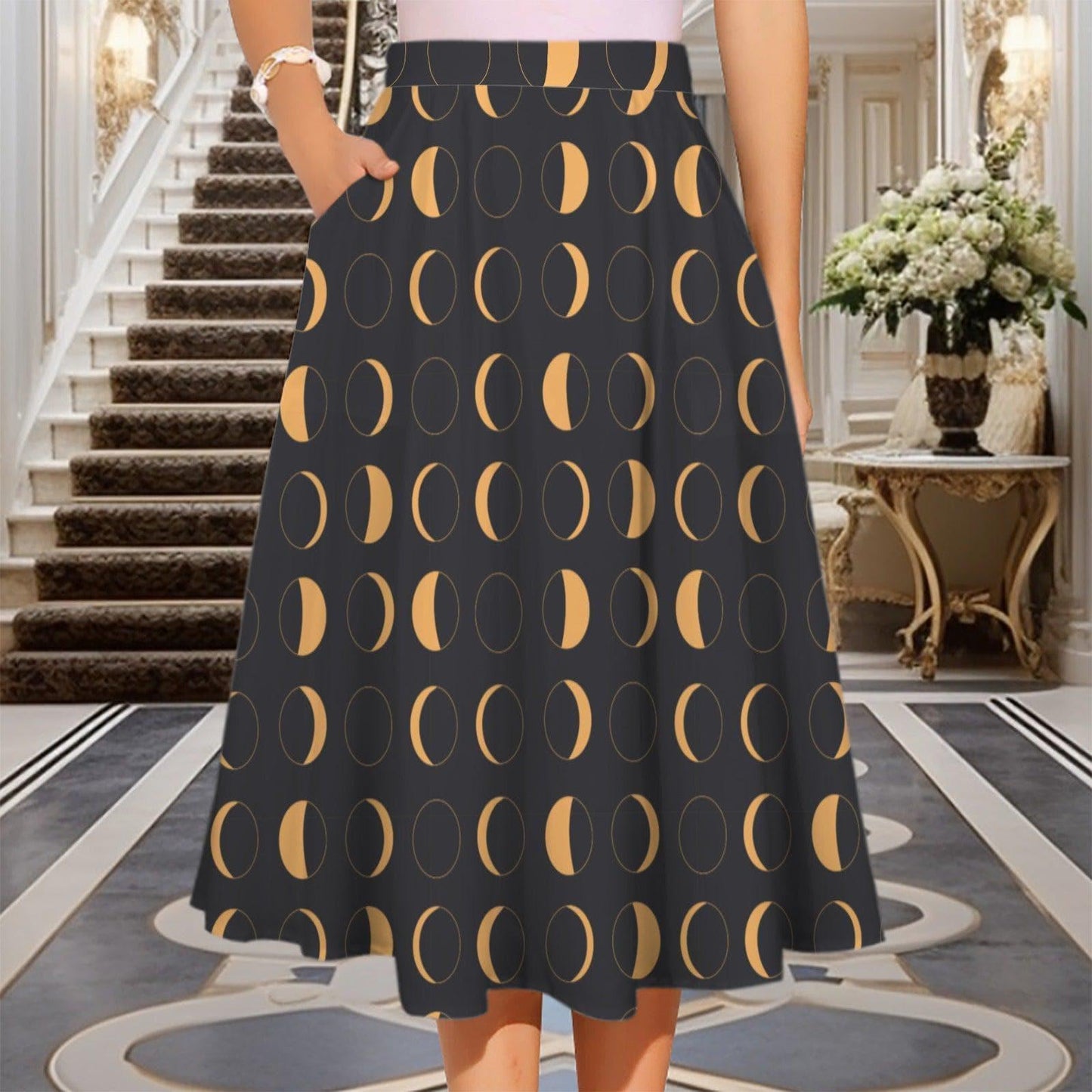 Witchy Midi Skirt, Mustard Moon Phase Print, High Waist, Pockets, Whimsigoth Fall Outfit