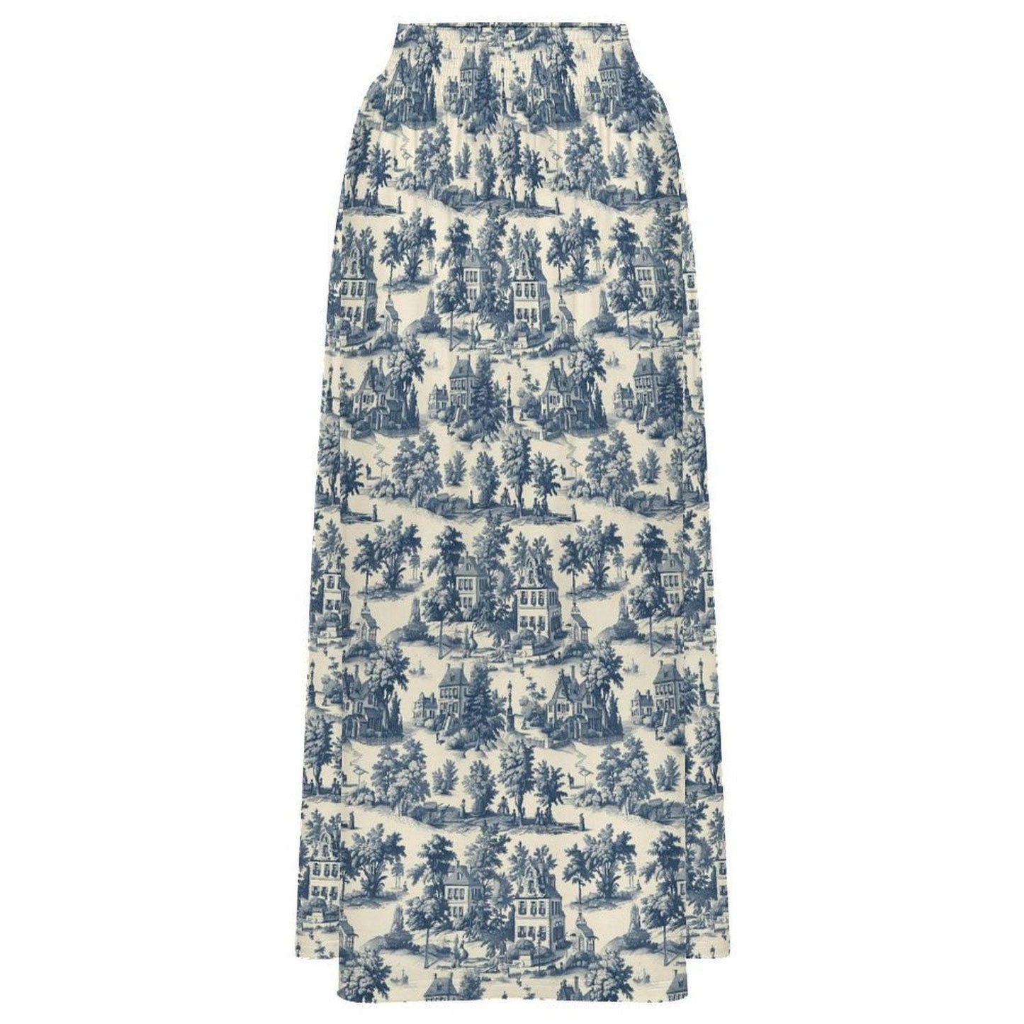 Blue Toile Maxi Skirt, French Country Scenic Print, Vintage Cottagecore High Waist Summer Styling