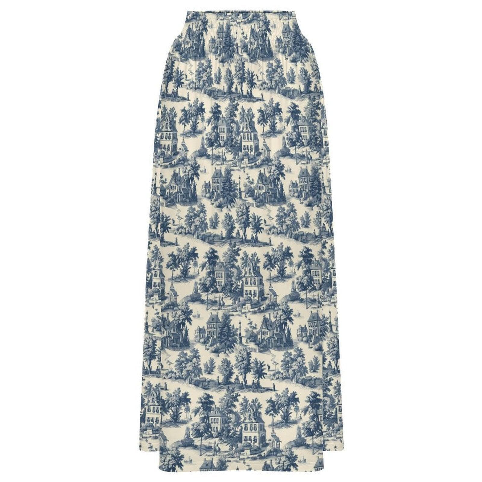Blue Toile Maxi Skirt, French Country Scenic Print, Vintage Cottagecore High Waist Summer Styling