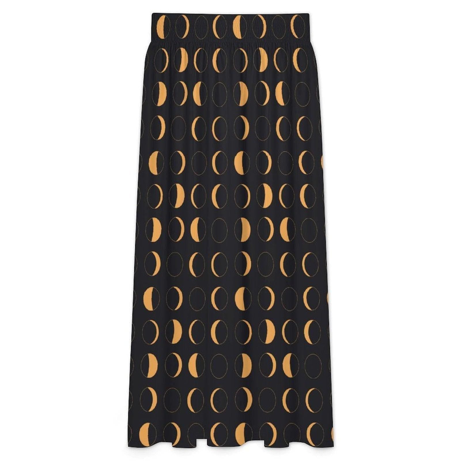 Celestial Moon Maxi Skirt, Black Gold Lunar Phase, Astrology Witchy High Waist Printed Skirt