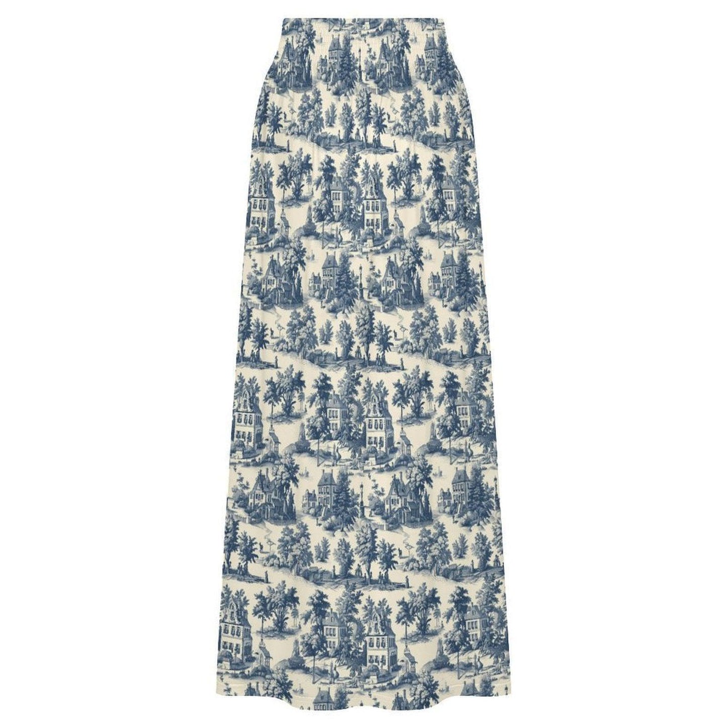 Blue Toile Maxi Skirt, French Country Scenic Print, Vintage Cottagecore High Waist Summer Styling