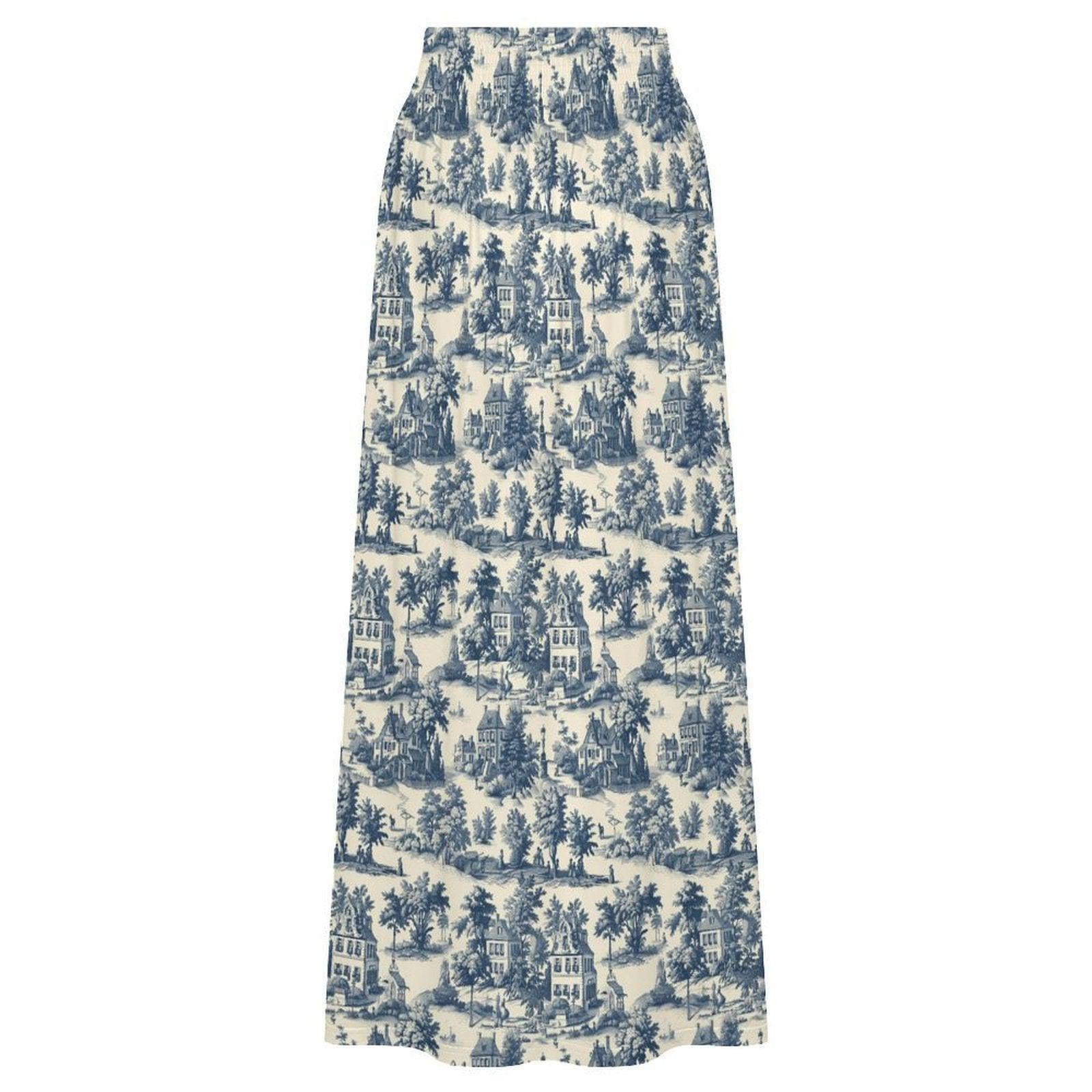 Blue Toile Maxi Skirt, French Country Scenic Print, Vintage Cottagecore High Waist Summer Styling