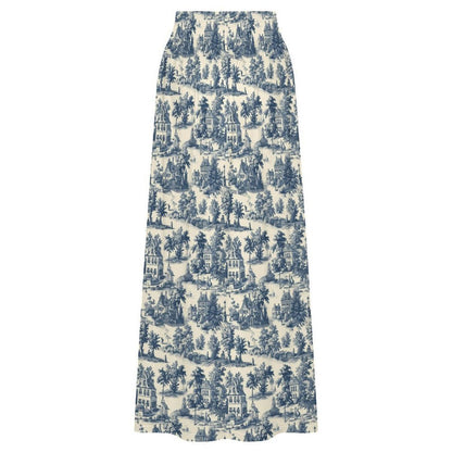 Blue Toile Maxi Skirt, French Country Scenic Print, Vintage Cottagecore High Waist Summer Styling