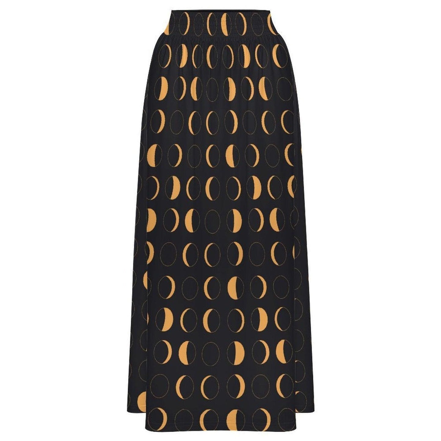 Celestial Moon Maxi Skirt, Black Gold Lunar Phase, Astrology Witchy High Waist Printed Skirt