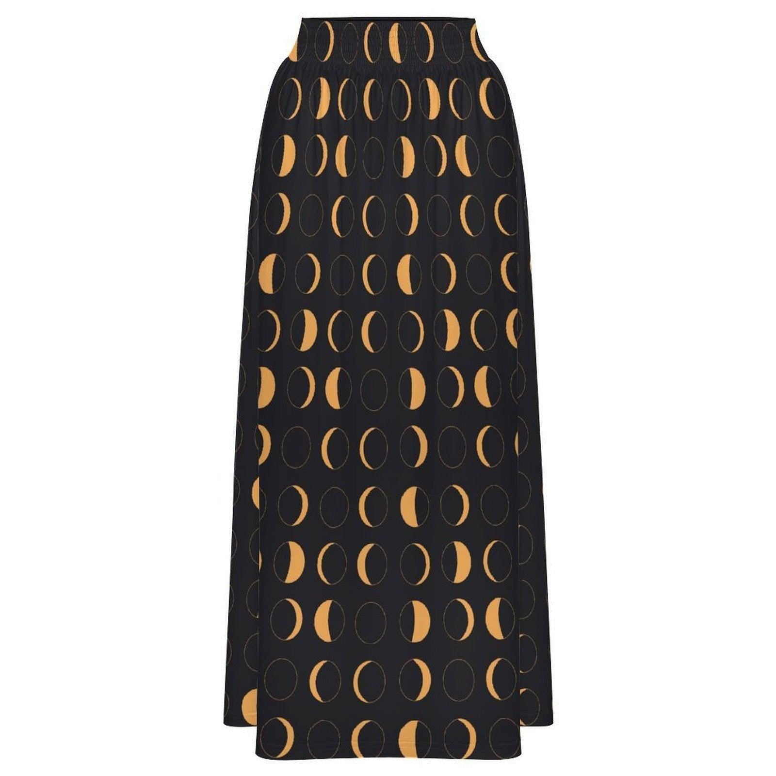 Celestial Moon Maxi Skirt, Black Gold Lunar Phase, Astrology Witchy High Waist Printed Skirt