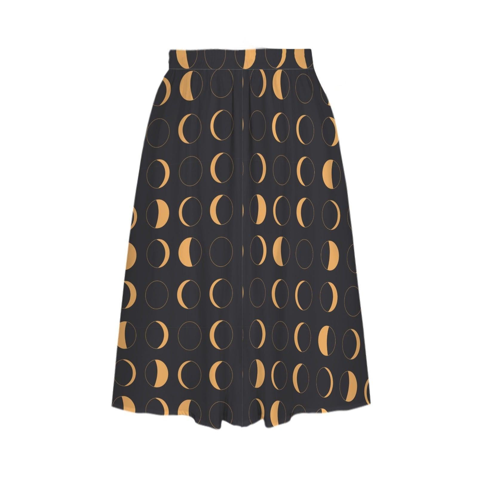 Witchy Midi Skirt, Mustard Moon Phase Print, High Waist, Pockets, Whimsigoth Fall Outfit