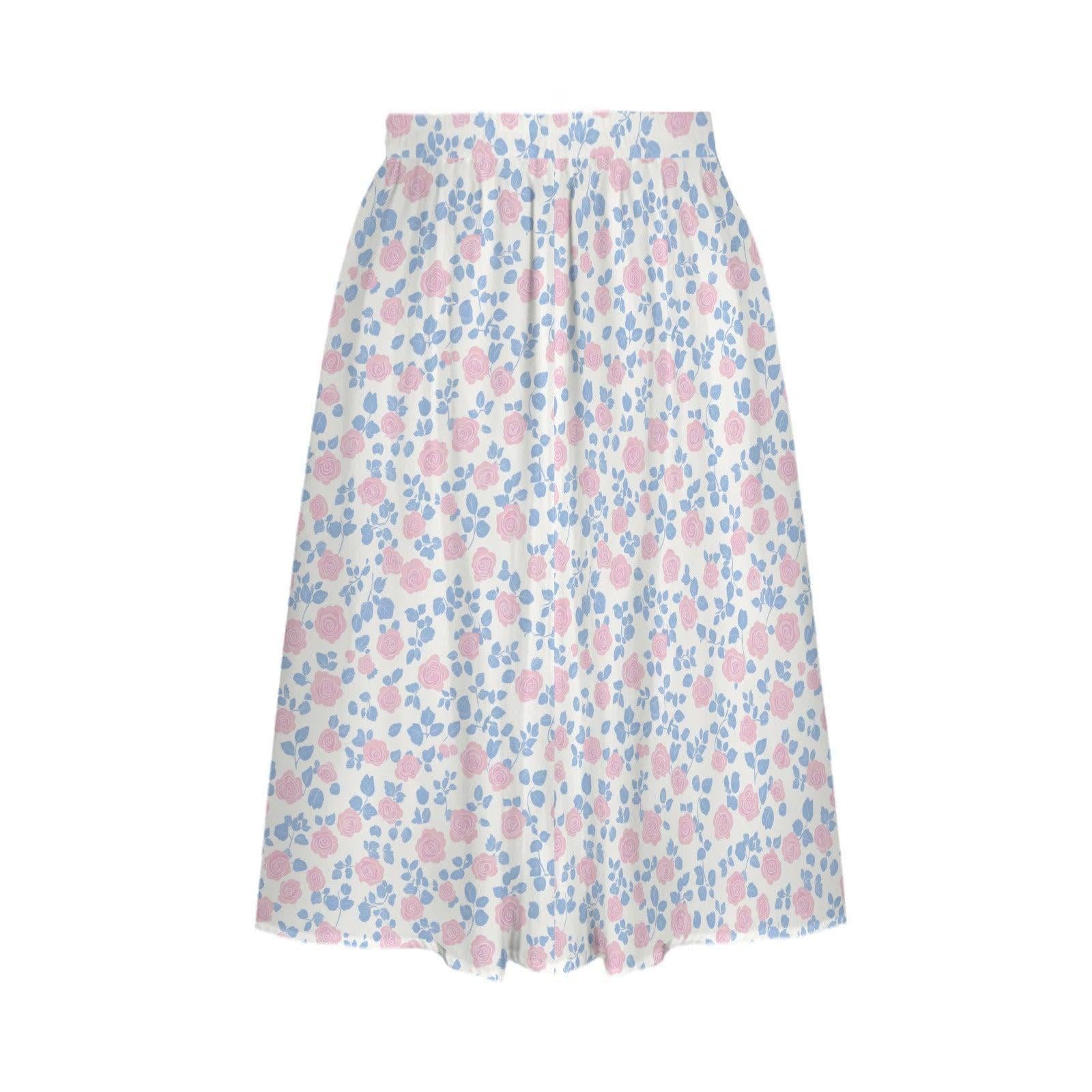 Pastel Floral Midi Skirt, High Waist A-Line, Pockets, Cottagecore Summer Brunch