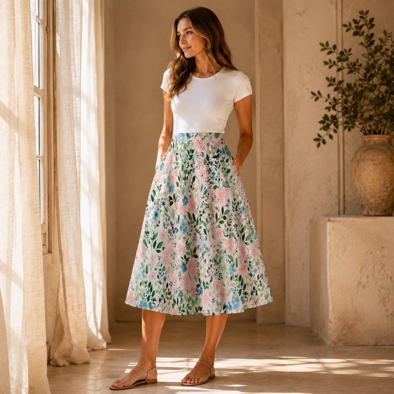 Pink Watercolor Floral Midi Skirt, High Waist Flowy Garden Print, Cottagecore Spring Brunch Style