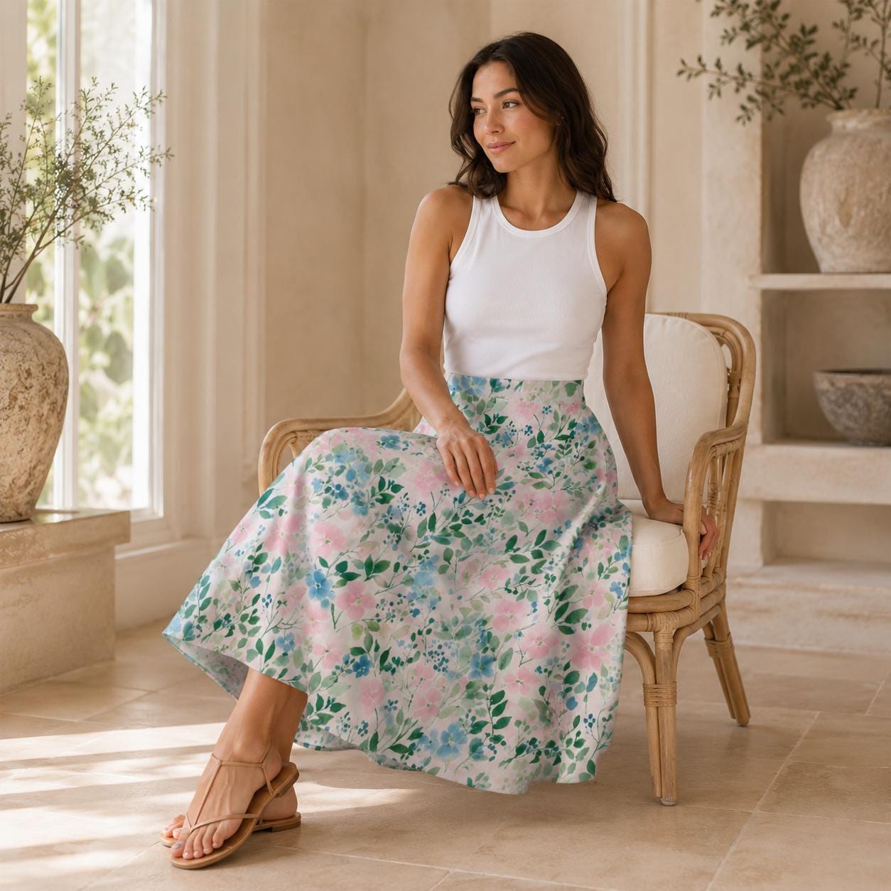 Pink Watercolor Floral Midi Skirt, High Waist Flowy Garden Print, Cottagecore Spring Brunch Style