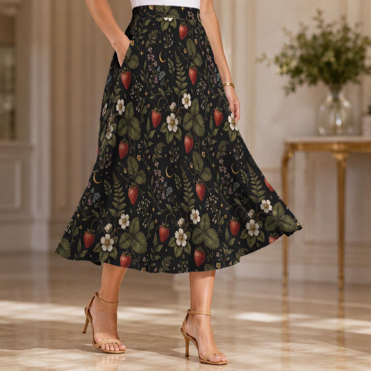 Vintage Style Strawberry Floral Midi Skirt, High Waist Garden Print Summer Dress