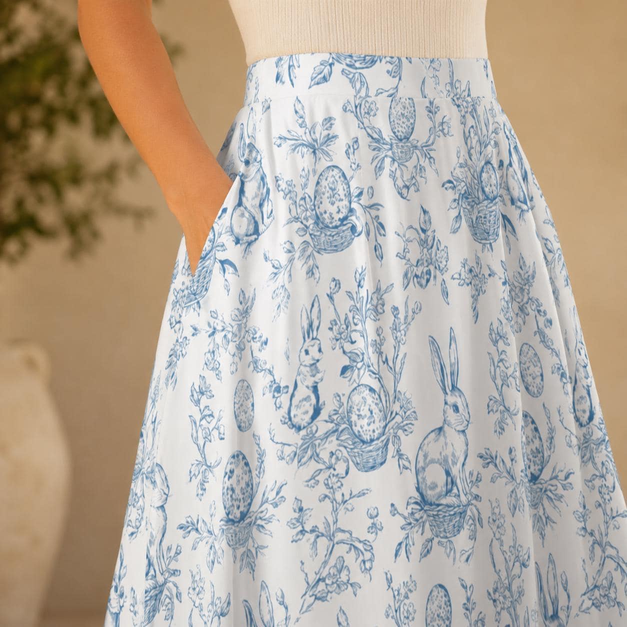 Blue Toile Easter Bunny Midi Skirt, High Waist A-Line, Pockets, Cottagecore Garden Outfits
