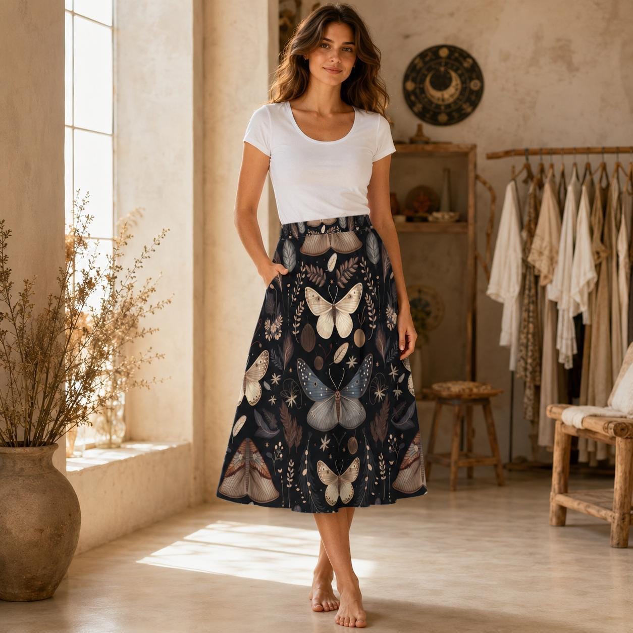 Dark Botanical Moth Print Midi Skirt, Whimsigoth Butterfly A Line Skirt With Pockets